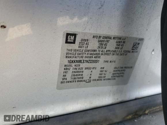 2017 GMC Acadia SLT with VIN 1GKKNMLS7HZ229351, listed as a Copart auction lot 83370514 with 186,690 mi miles and Salvage Title. Bid and sale history available at carsss.com. Image 15.