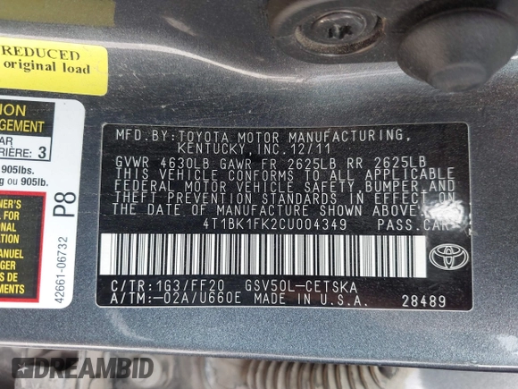 2012 Toyota Camry SE with VIN 4T1BK1FK2CU004349, listed as a IAAI auction lot 41814785 with 110,134 mi miles. Bid and sale history available at carsss.com. Image 9.