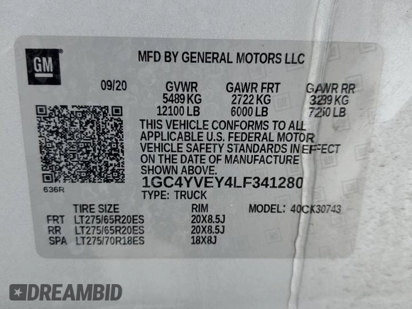 2020 Chevrolet Silverado 3500HD High Country z VIN 1GC4YVEY4LF341280, wystawiony jako Copart lot #41398705 z przebiegiem Nie podano mil oraz Nie do naprawy • Non repairable. Historia ofert i sprzedaży dostępna na DreamBid. Obrazek 12.