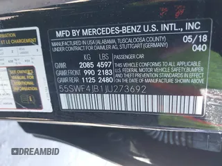 2018 Mercedes-Benz C with VIN 55SWF4JB1JU273692, listed as a IAAI auction lot 41827588 with 23,325 mi miles. Bid and sale history available at carsss.com. Image 9.