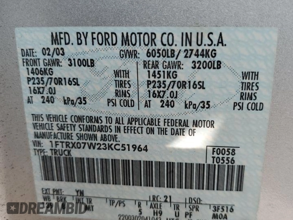 2003 Ford F-150 XL with VIN 1FTRX07W23KC51964, listed as a Copart auction lot 51669715 with Not provided miles and Salvage title. Bid and sale history available at DreamBid. Image 12.