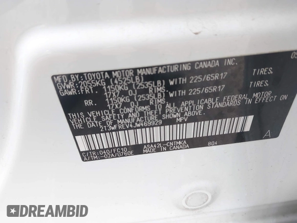 2018 Toyota RAV4 XLE with VIN 2T3WFREV4JW469929, listed as a IAAI auction lot 42536958 with 82,443 mi miles and . Bid and sale history available at DreamBid. Image 9.