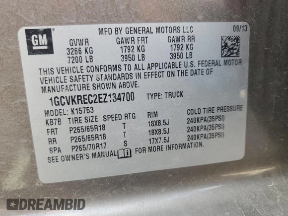 2014 Chevrolet Silverado 1500 LT with VIN 1GCVKREC2EZ134700, listed as a Copart auction lot 53969615 with 251,690 mi miles and Salvage Title. Bid and sale history available at DreamBid. Image 13.