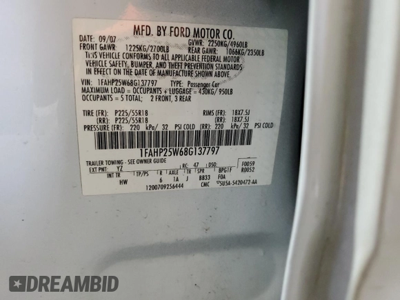 2008 Ford Taurus Limited with VIN 1FAHP25W68G137797, listed as a Copart auction lot 51628665 with 141,125 mi miles and Salvage Title. Bid and sale history available at DreamBid. Image 13.