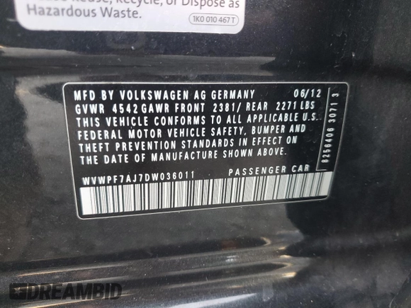 2013 Volkswagen Golf с VIN WVWPF7AJ7DW036011, выставлен на аукционе Copart как лот 81460934 с пробегом 156 221 миль миль и Списание • Salvage title. История ставок и продаж доступна на DreamBid. Изображение 12.