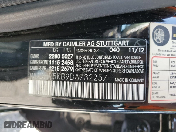 2013 Mercedes-Benz E 350 Luxury with VIN WDDHF5KB9DA732257, listed as a Copart auction lot 54263105 with 85,512 mi miles and Salvage title. Bid and sale history available at DreamBid. Image 12.