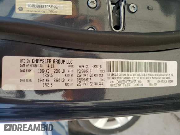 2014 Jeep Compass Latitude with VIN 1C4NJDEB8ED530267, listed as a Copart auction lot 49358905 with 184,965 mi miles and Salvage Title. Bid and sale history available at DreamBid. Image 14.