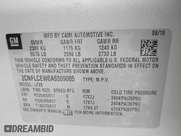 2010 Chevrolet Equinox LS with VIN 2CNFLCEW6A6389005, listed as a IAAI auction lot 41537723 with 129,633 mi miles. Bid and sale history available at carsss.com. Image 9.