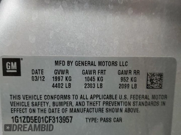 2012 Chevrolet Malibu 2LT with VIN 1G1ZD5E01CF313957, listed as a Copart auction lot 54016215 with 129,146 mi miles and Salvage Title. Bid and sale history available at DreamBid. Image 12.