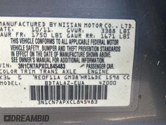 2012 Nissan Versa S with VIN 3N1CN7APXCL845483, listed as a Copart auction lot 47060185 with 66,879 mi miles and Clean Title. Bid and sale history available at carsss.com. Image 10.