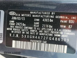2015 Kia Optima EX with VIN 5XXGN4A72FG486109, listed as a Copart auction lot 50734465 with 106,902 mi miles and Salvage Title. Bid and sale history available at carsss.com. Image 13.