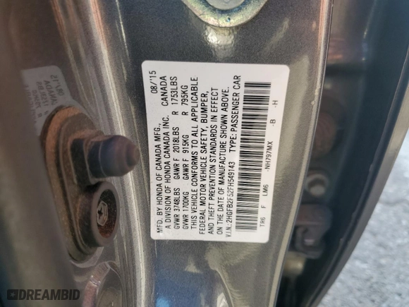 2015 Honda Civic Sedan LX with VIN 2HGFB2F52FH549143, listed as a Copart auction lot 52337485 with 194,936 mi miles and Salvage Title. Bid and sale history available at carsss.com. Image 13.