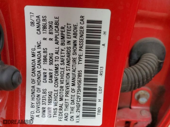 2017 Honda Civic Sedan EX with VIN 2HGFC2F75HH567895, listed as a Copart auction lot 49402185 with 76,173 mi miles and Salvage Title. Bid and sale history available at carsss.com. Image 14.