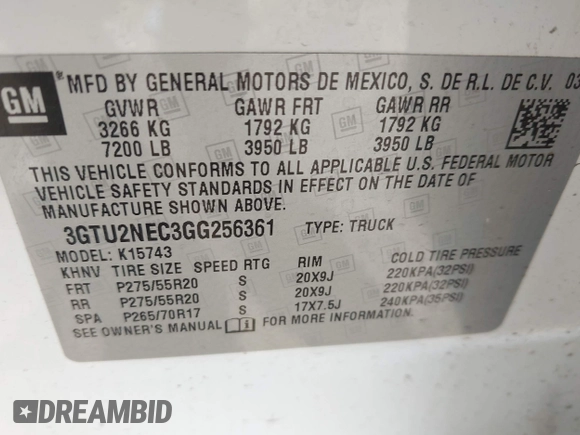 2016 GMC Sierra 1500 SLT with VIN 3GTU2NEC3GG256361, listed as a IAAI auction lot 42126412 with 137,096 mi miles and . Bid and sale history available at DreamBid. Image 9.