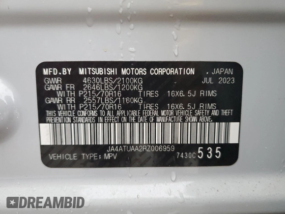 2024 Mitsubishi Eclipse Cross ES с VIN JA4ATUAA2RZ006959, выставлен на аукционе Copart как лот 82399804 с пробегом 6 373 миль миль и На запчасти • Non repairable. История ставок и продаж доступна на DreamBid. Изображение 12.