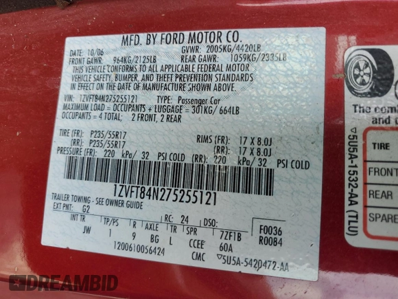 2007 Ford Mustang Deluxe with VIN 1ZVFT84N275255121, listed as a Copart auction lot 62544695 with 201,917 mi miles and Clean title. Bid and sale history available at DreamBid. Image 12.