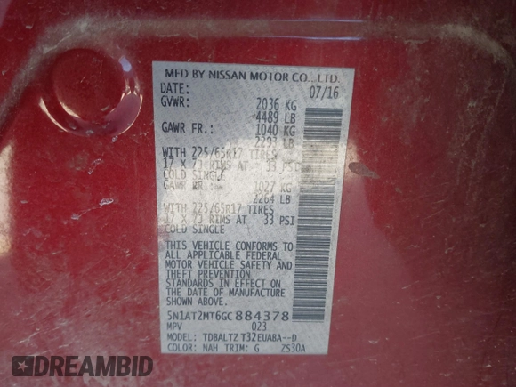 2016 Nissan Rogue SL with VIN 5N1AT2MT6GC884378, listed as a IAAI auction lot 41728309 with 130,258 mi miles. Bid and sale history available at carsss.com. Image 9.
