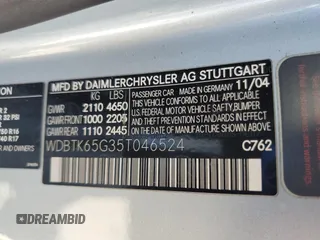 2005 Mercedes-Benz CLK 320 with VIN WDBTK65G35T046524, listed as a Copart auction lot 59342025 with 170,760 mi miles and Salvage title. Bid and sale history available at DreamBid. Image 12.