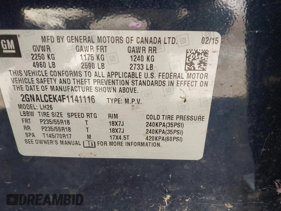 2015 Chevrolet Equinox LT with VIN 2GNALCEK4F1141116, listed as a IAAI auction lot 42043592 with 110,944 mi miles. Bid and sale history available at carsss.com. Image 9.