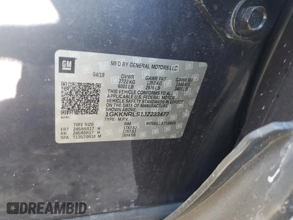2018 GMC Acadia SLE with VIN 1GKKNRLS1JZ233477, listed as a Copart auction lot 87698285 with Not provided miles and Salvage title. Bid and sale history available at DreamBid. Image 15.