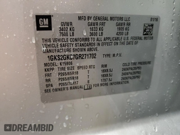 2016 GMC Yukon XL SLT with VIN 1GKS2GKC7GR271702, listed as a Copart auction lot 53960925 with 227,093 mi miles and Non Repairable. Bid and sale history available at DreamBid. Image 13.