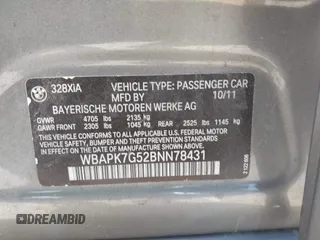2011 BMW 3 Series 328i xDrive with VIN WBAPK7G52BNN78431, listed as a IAAI auction lot 42256610 with 140,533 mi miles and . Bid and sale history available at DreamBid. Image 9.