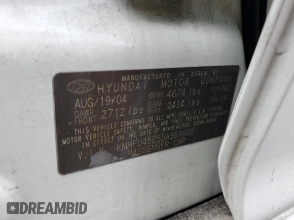 2005 Hyundai XG z VIN KMHFU45E55A381660, wystawiony jako Copart lot #45804805 z przebiegiem 130 480 mil mil oraz Szkoda całkowita • Salvage title. Historia ofert i sprzedaży dostępna na DreamBid. Obrazek 14.