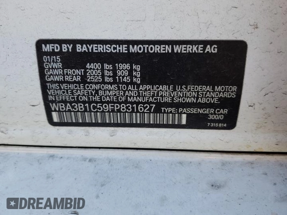 2015 BMW 3 Series 320i with VIN WBA3B1C59FP831627, listed as a Copart auction lot 46064255 with 183,115 mi miles and Salvage Title. Bid and sale history available at carsss.com. Image 12.