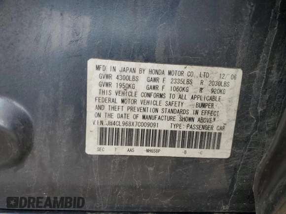 2007 Acura TSX with VIN JH4CL968X7C009091, listed as a Copart auction lot 60789755 with 303,504 mi miles and Salvage title. Bid and sale history available at DreamBid. Image 13.