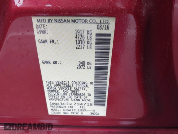 2016 Nissan Altima SR with VIN 1N4AL3AP2GC294718, listed as a IAAI auction lot 42457467 with 86,029 mi miles and . Bid and sale history available at DreamBid. Image 9.