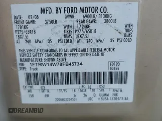 2008 Ford F-150 XL with VIN 1FTRW14W78FB45734, listed as a Copart auction lot 42911075 with 155,047 mi miles and Clean Title. Bid and sale history available at carsss.com. Image 12.