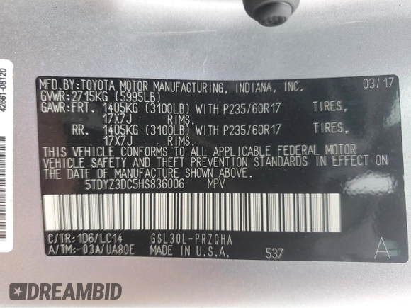2017 Toyota Sienna XLE Auto Access Seat with VIN 5TDYZ3DC5HS836006, listed as a Copart auction lot 51231435 with 63,342 mi miles and Salvage Title. Bid and sale history available at DreamBid. Image 14.
