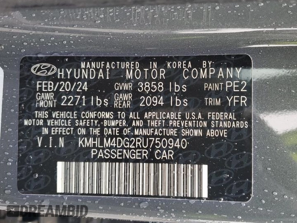 2024 Hyundai Elantra SEL with VIN KMHLM4DG2RU750940, listed as a Copart auction lot 48067605 with 5,326 mi miles and Salvage Title. Bid and sale history available at carsss.com. Image 13.