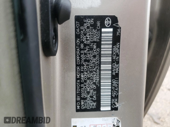 2007 Toyota Camry с VIN JTNBB46K373039706, выставлен на аукционе Copart как лот 57592125 с пробегом 298 836 миль миль и Списание • Salvage title. История ставок и продаж доступна на DreamBid. Изображение 12.