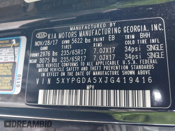 2018 Kia Sorento LX V6 with VIN 5XYPGDA5XJG419416, listed as a IAAI auction lot 41650650 with 95,897 mi miles. Bid and sale history available at carsss.com. Image 9.