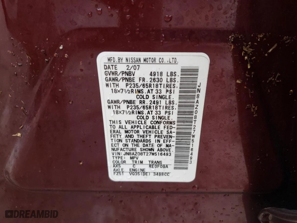 2007 Nissan Murano SL with VIN JN8AZ08T27W516493, listed as a Copart auction lot 74362214 with 67,007 mi miles and Salvage Title. Bid and sale history available at carsss.com. Image 14.