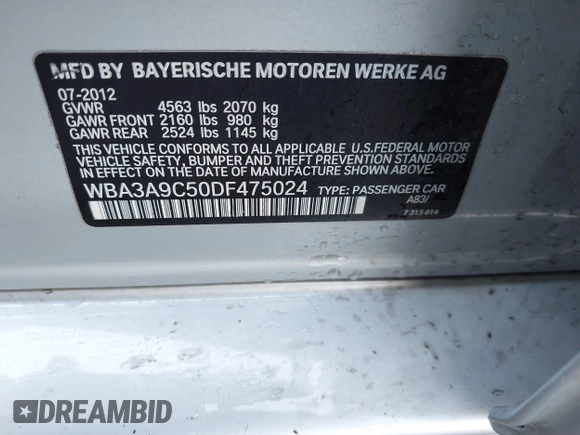 2013 BMW 3 Series 335i with VIN WBA3A9C50DF475024, listed as a IAAI auction lot 40884045 with 120,121 mi miles. Bid and sale history available at carsss.com. Image 9.