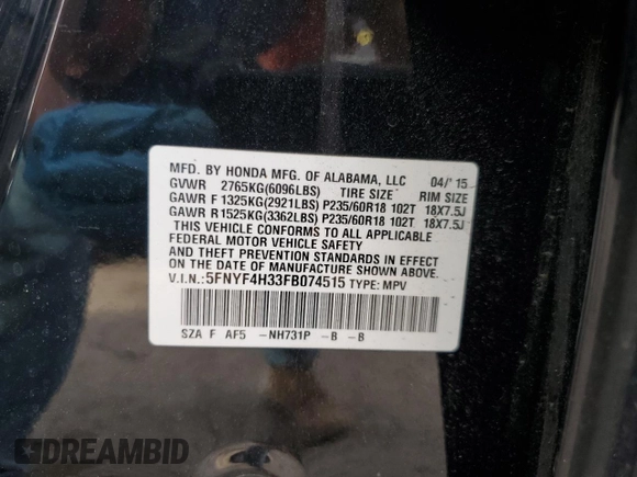 2015 Honda Pilot SE z VIN 5FNYF4H33FB074515, wystawiony jako Copart lot #54758015 z przebiegiem 148 493 mil mil oraz Szkoda całkowita • Salvage title. Historia ofert i sprzedaży dostępna na DreamBid. Obrazek 13.