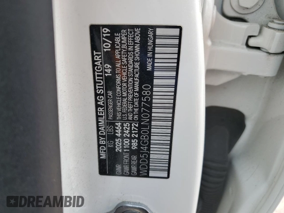 2020 Mercedes-Benz CLA 250 with VIN WDD5J4GB0LN077580, listed as a Copart auction lot 53732773 with 45,588 mi miles and . Bid and sale history available at DreamBid. Image 12.