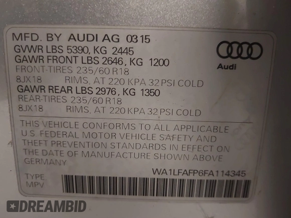2015 Audi Q5 Premium Plus with VIN WA1LFAFP6FA114345, listed as a IAAI auction lot 41754412 with 141,778 mi miles and . Bid and sale history available at DreamBid. Image 9.