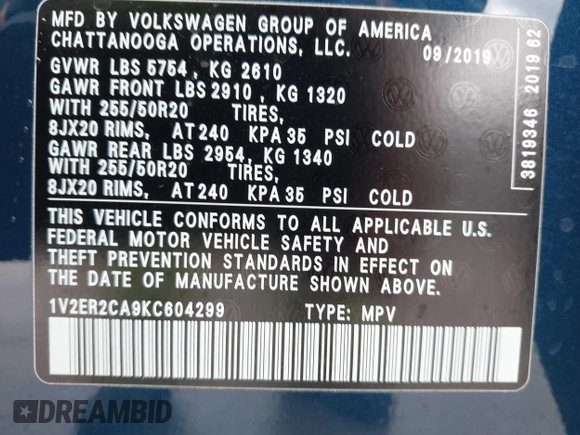 2019 Volkswagen Atlas SEL with VIN 1V2ER2CA9KC604299, listed as a IAAI auction lot 42472488 with 62,257 mi miles and . Bid and sale history available at DreamBid. Image 9.