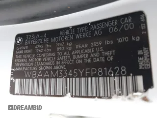 2000 BMW 3 Series 323i z VIN WBAAM3345YFP81628, wystawiony jako IAAI lot #42190751 z przebiegiem 135 970 mil mil oraz . Historia ofert i sprzedaży dostępna na DreamBid. Obrazek 9.