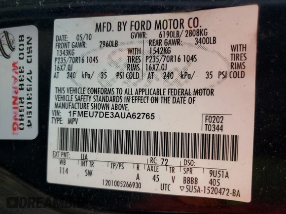 2010 Ford Explorer XLT с VIN 1FMEU7DE3AUA62765, выставлен на аукционе Copart как лот 60205965 с пробегом 188 187 миль миль и Чистый • Clean title. История ставок и продаж доступна на DreamBid. Изображение 13.