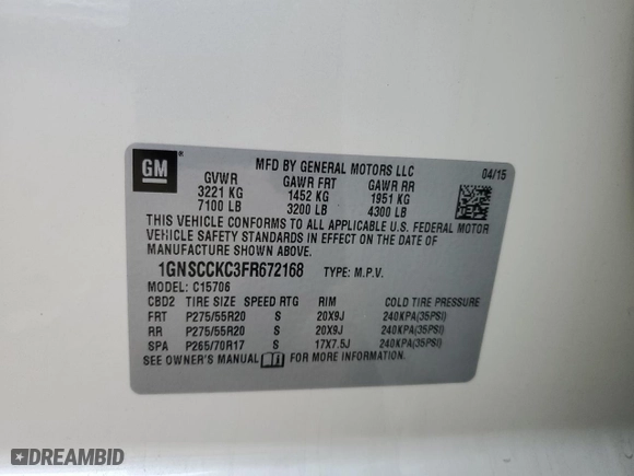 2015 Chevrolet Tahoe LTZ with VIN 1GNSCCKC3FR672168, listed as a Copart auction lot 85527284 with 160,822 mi miles and Salvage Title. Bid and sale history available at carsss.com. Image 16.