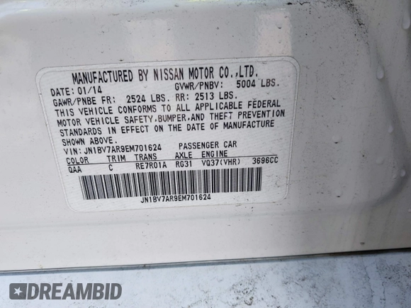 2014 Infiniti Q50 Premium with VIN JN1BV7AR9EM701624, listed as a IAAI auction lot 41711699 with 119,418 mi miles. Bid and sale history available at carsss.com. Image 9.