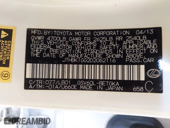 2013 Lexus ES 250 с VIN JTHBK1GG2D2062116, выставлен на аукционе IAAI как лот 42309387 с пробегом 135 327 миль миль и . История ставок и продаж доступна на DreamBid. Изображение 9.
