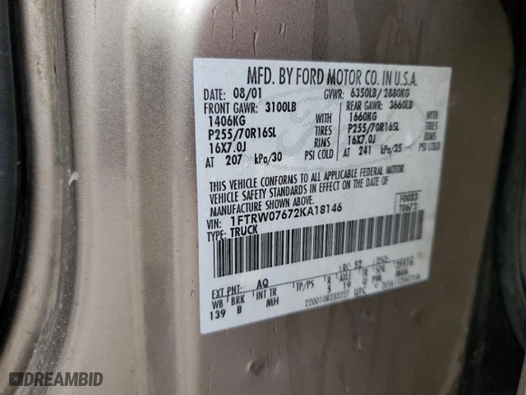 2002 Ford F-150 XLT with VIN 1FTRW07672KA18146, listed as a Copart auction lot 86645694 with 296,886 mi miles and Salvage Title. Bid and sale history available at carsss.com. Image 13.