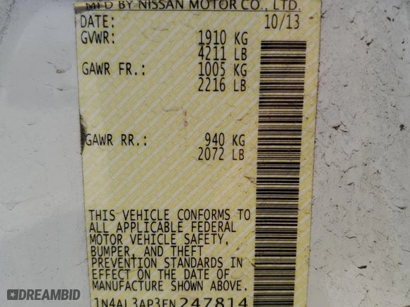2014 Nissan Altima 2.5 SL with VIN 1N4AL3AP3EN247814, listed as a Copart auction lot 51870005 with 143,581 mi miles and Salvage Title. Bid and sale history available at carsss.com. Image 14.