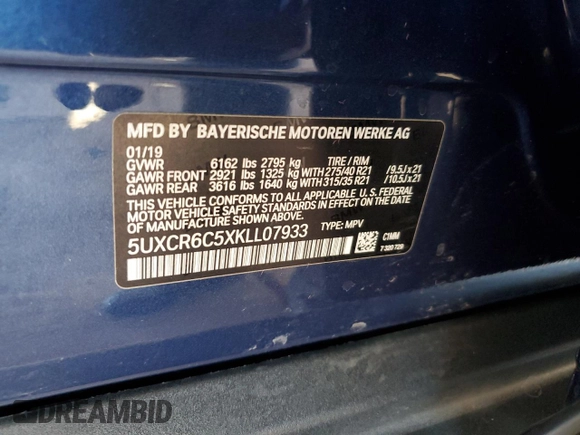 2019 BMW X5 xDrive40i with VIN 5UXCR6C5XKLL07933, listed as a Copart auction lot 59389395 with 87,251 mi miles and Salvage title. Bid and sale history available at DreamBid. Image 14.
