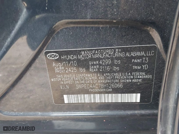 2011 Hyundai Sonata Ltd with VIN 5NPEC4AC7BH126066, listed as a IAAI auction lot 41830274 with 1 mi miles. Bid and sale history available at carsss.com. Image 9.